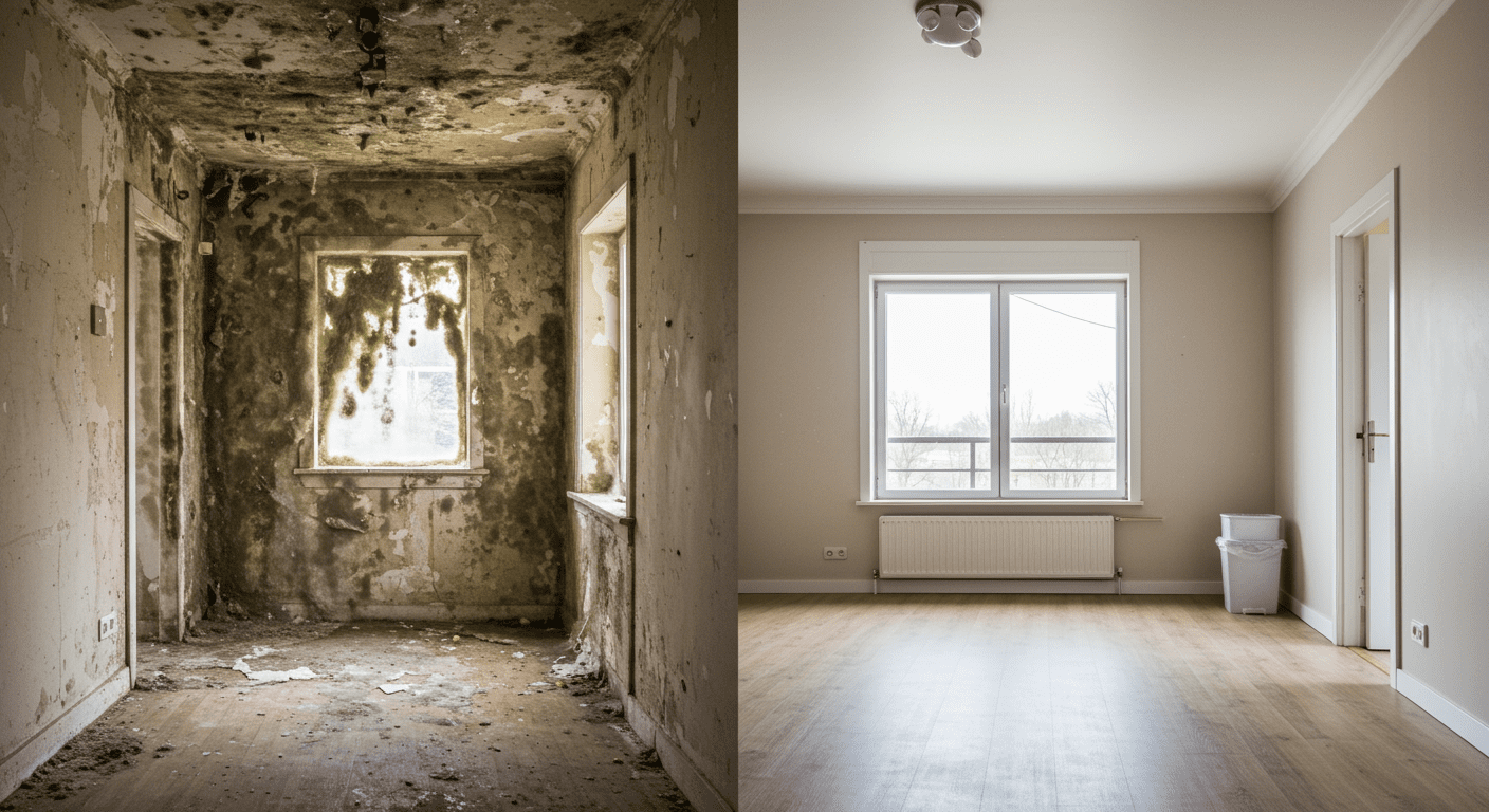 A split image showing a mold-infested room on one side and the same room after professional mold removal on the other. This visual contrast emphasizes the effectiveness of professional services.