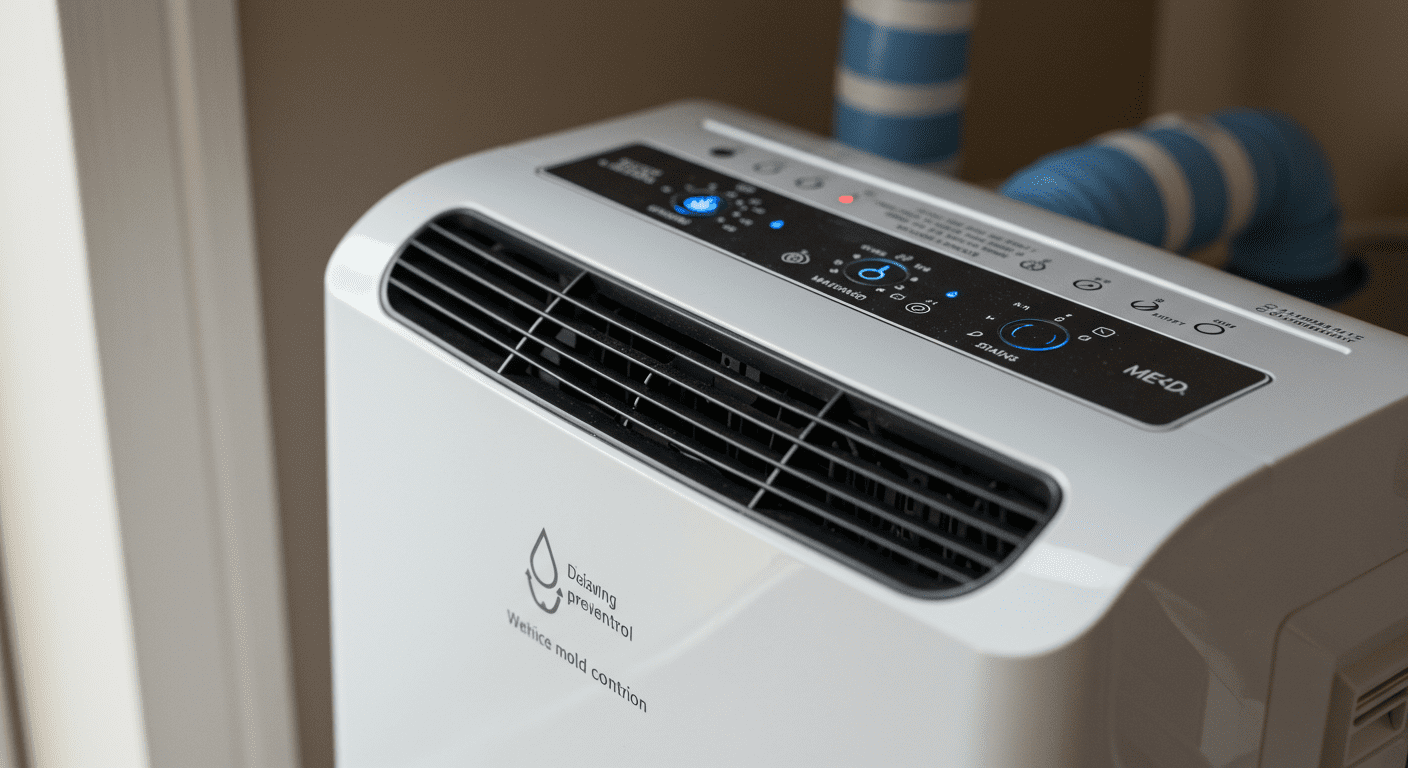 A close-up of a dehumidifier in a home setting, actively removing moisture from the air, emphasizing effective moisture control as a key mold prevention strategy.