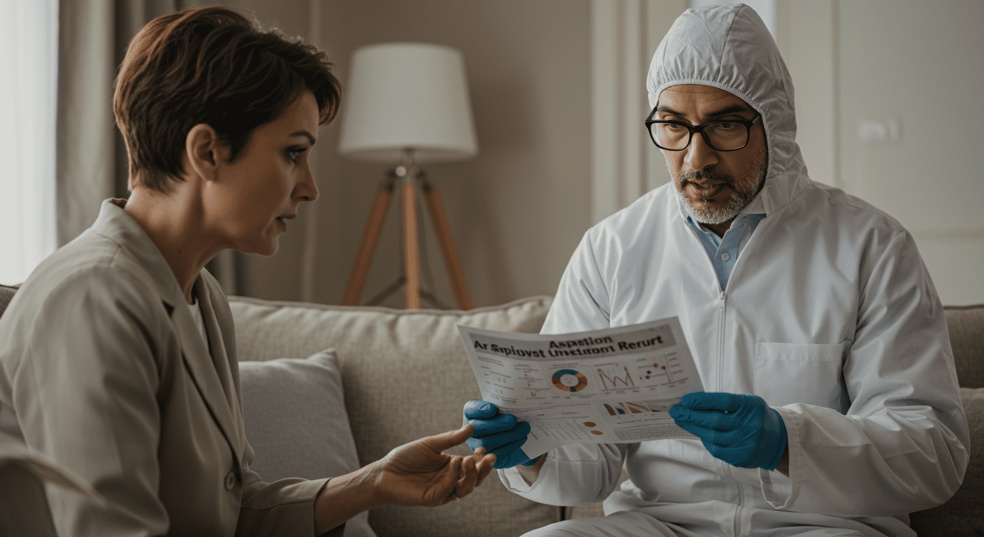 An asbestos specialist discussing inspection findings with a concerned homeowner in a living room setting. The specialist is showing a report with visuals.