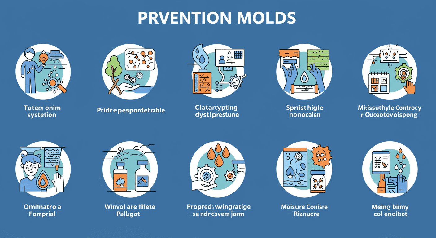 An infographic-style image showing prevention tips for black mold, such as proper landscaping, drainage systems, and moisture control, illustrated with icons and visuals of each method.