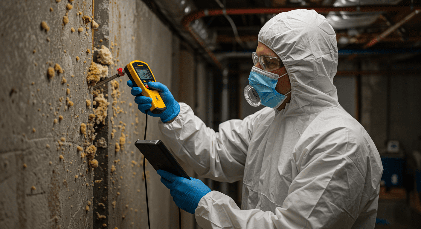 A professional mold inspector examining a basement wall with a moisture meter, showcasing the process of identifying mold growth. The inspector is wearing protective gear, emphasizing safety.