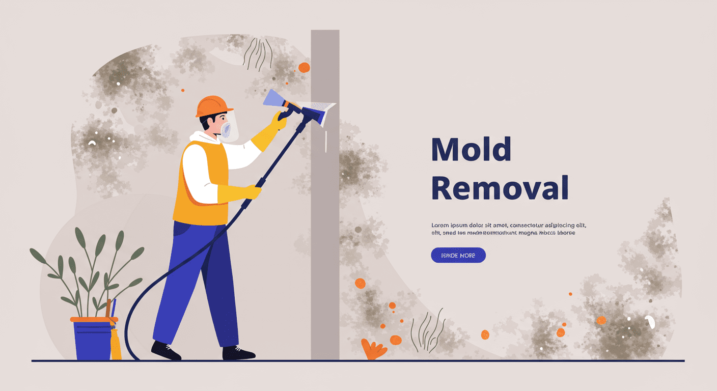 An illustration depicting the mold removal process, featuring a professional in protective gear using equipment to remove mold from a wall.