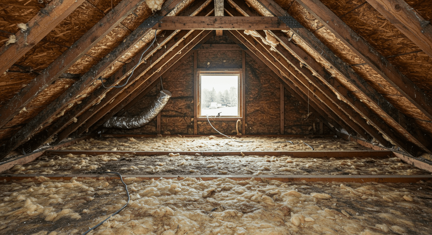 An attic space with exposed beams and insulation, showing signs of mold on the wood. The image conveys the importance of proper ventilation and insulation to prevent mold growth in attics.