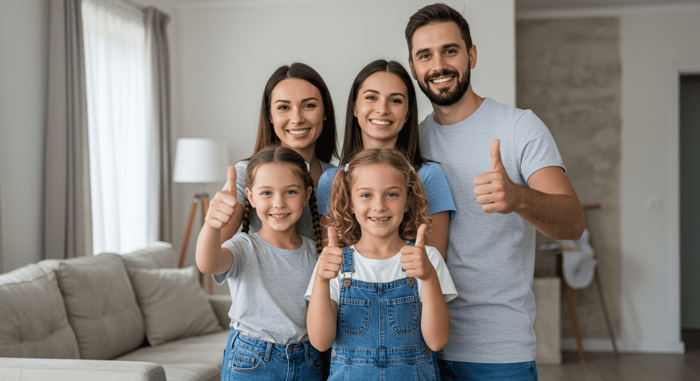 A happy family standing in their newly restored living room, smiling and giving a thumbs-up. The background shows a clean, mold-free environment, conveying satisfaction and trust in the services received.